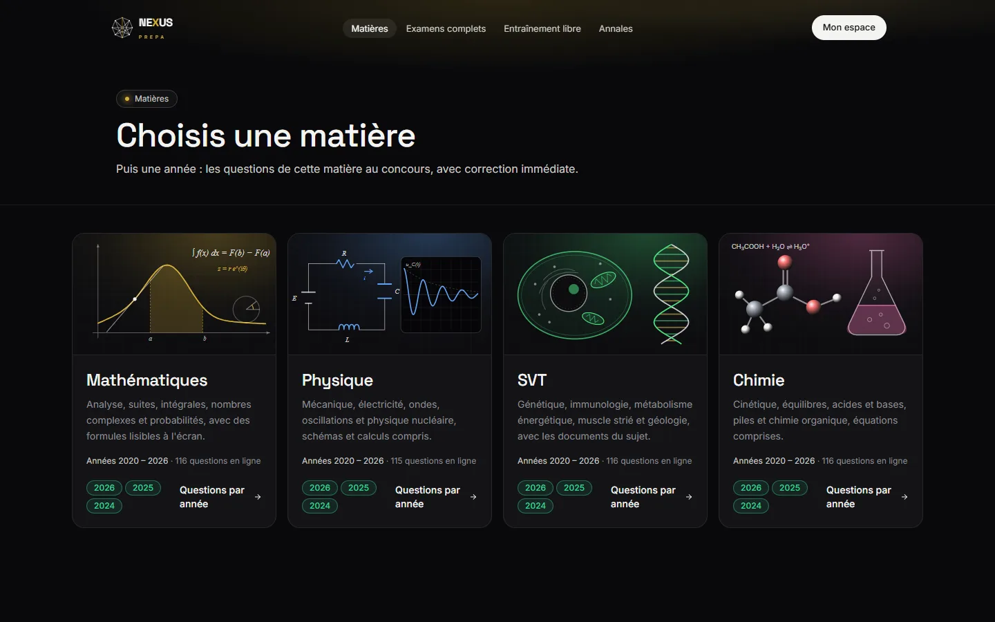 Page des matières : Mathématiques, Physique, SVT et Chimie